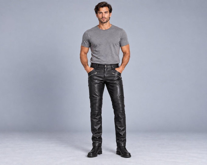 Men's Black Leather Biker Pants, Quilted Knee Slim Fit Lambskin Trousers, Gift for Him