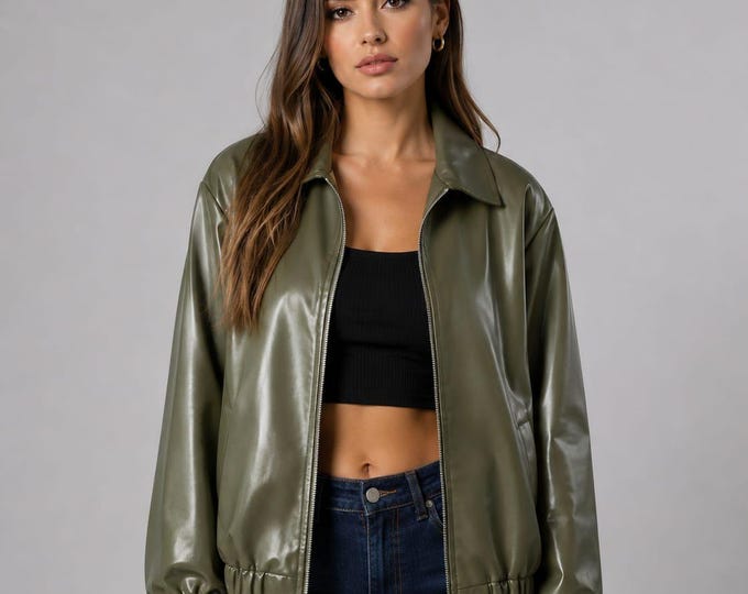 Women's Green Lambskin Leather Bomber Jacket – Slim Fit Genuine Handmade Casual Coat