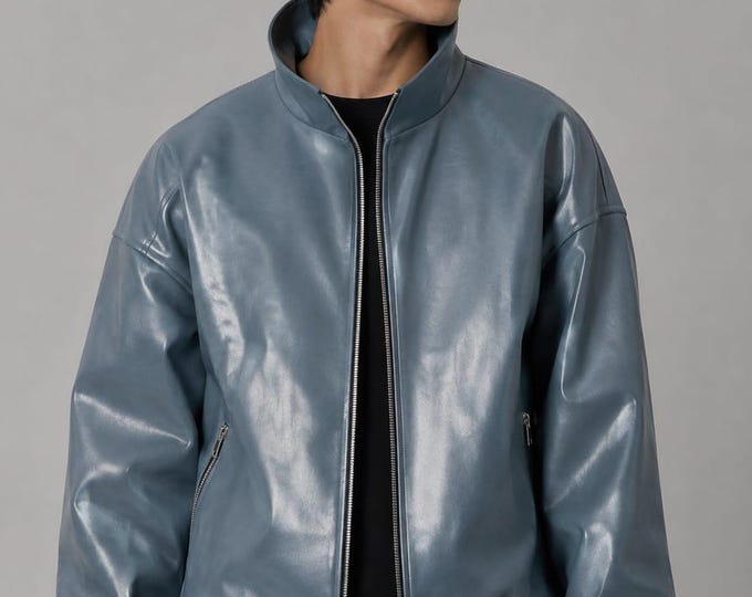 Men's Blue Lambskin Leather Bomber Jacket – Stand Collar Zip Coat, Handmade Gift for Him
