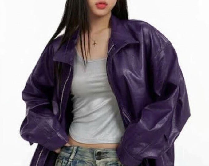 Women's Purple Lambskin Leather Bomber Jacket – Slim Fit Genuine Handmade Casual Coat