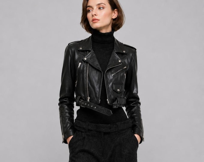 Women's Black Lambskin Cropped Biker Jacket – Glossy Short Moto Coat, Gift for Her