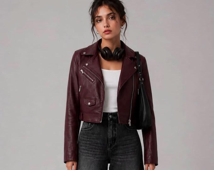 Women's Maroon Lambskin Biker Jacket – Cropped Asymmetric Wine Moto, Gift for Her