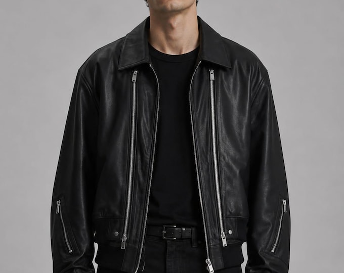 Men's Black Lambskin Zip Bomber Jacket – Boxy Silver Zipper Streetwear, Gift for Him