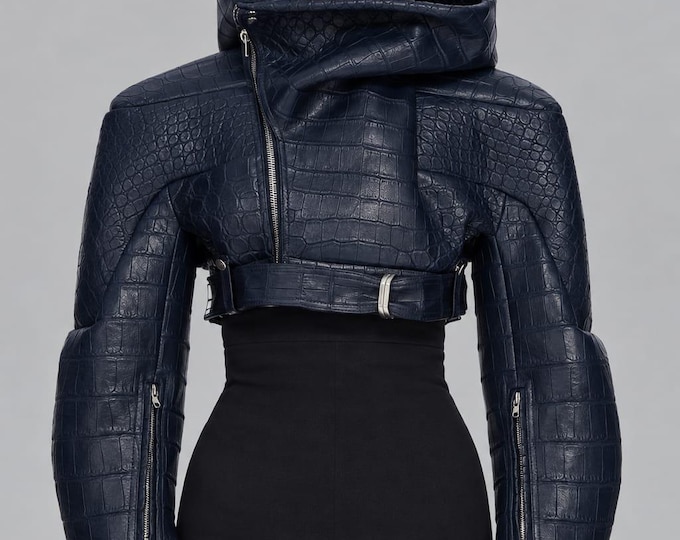 Women's Navy Real Leather Crocodile Moto Jacket – Slim Fit Hooded Belted Outerwear