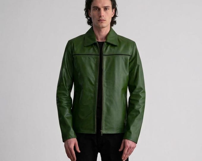 Men's Forest Green Lambskin Leather Jacket – Shirt Collar Trucker Coat, Gift for Him