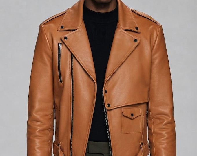 Men's Tan Lambskin Leather Biker Jacket – Slim Fit Genuine Handmade Motorcycle Coat