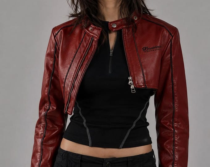 Women's Red Lambskin Cropped Biker Jacket – Zip Front Moto Coat, Handmade Gift for Her