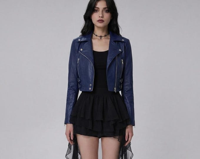Women's Blue Lambskin Cropped Biker Jacket – Asymmetric Zip Moto Coat, Gift for Her