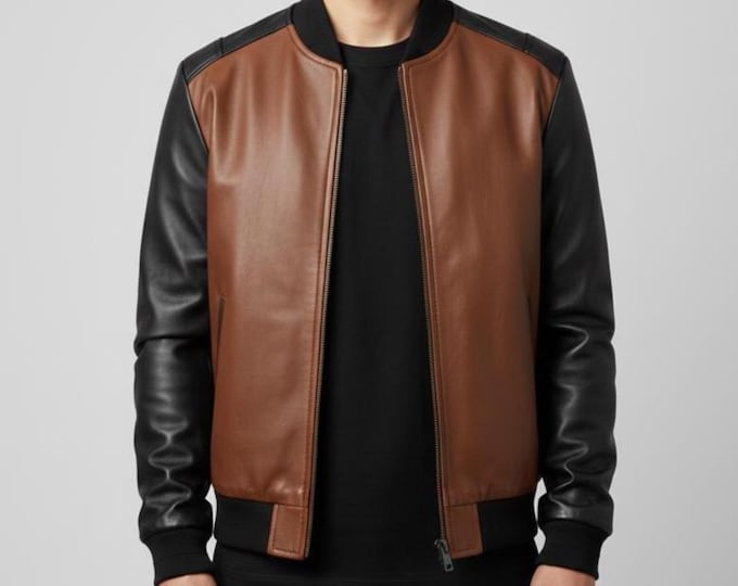 Men's Brown Black Two Tone Leather Bomber Jacket – Varsity Flight Coat, Gift for Him