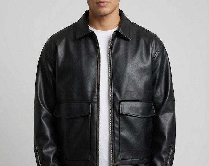 Men's Black Leather Harrington Jacket – Utility Casual Coat, Handmade Gift for Him