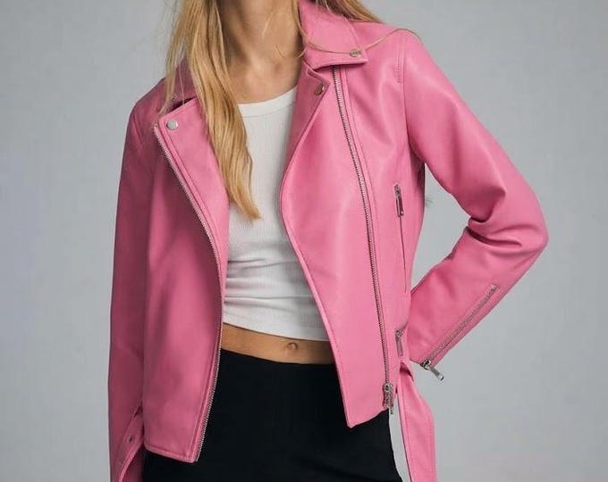 Women's Pink Lambskin Leather Biker Jacket – Slim Fit Genuine Handmade Motorcycle Coat