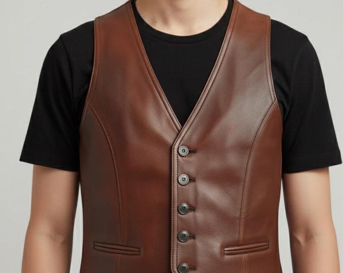 Men's Vintage Brown Leather Waistcoat – Button Front Western Vest, Wedding Gift for Him