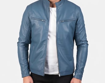 Handmade Ionic Blue Lambskin Leather Biker Jacket | Slim Fit