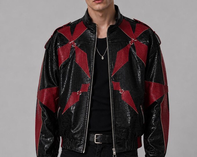 Men's Black Red Croc Embossed Cowhide Bomber Jacket – Statement Streetwear, Gift for Him