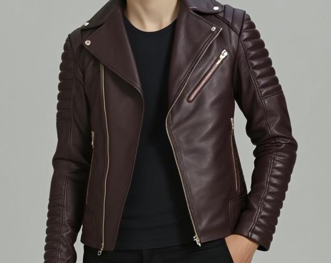 Men's Maroon Leather Biker Jacket – Slim Fit Classic Moto Coat, Handmade Gift for Him