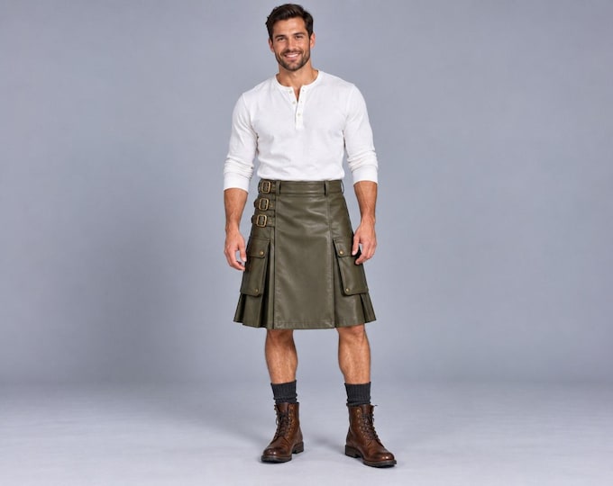 Men's Olive Leather Utility Kilt, Cargo Pocket Box Pleated Lambskin Kilt with Buckle Straps