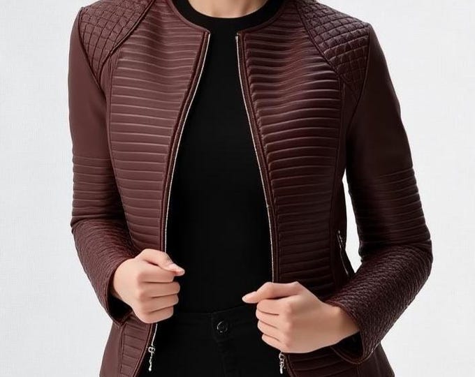 Women's Maroon Quilted Leather Jacket – Slim Fit Elegant Coat, Handmade Gift for Her