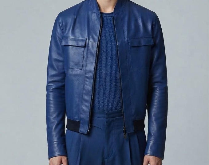 Men's Blue Lambskin Leather Bomber Jacket – Slim Fit Genuine Handmade Casual Coat