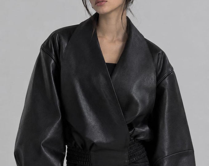 Women's Black Leather Cropped Bomber Jacket – Oversized Sleeve Handmade Coat, Gift for Her