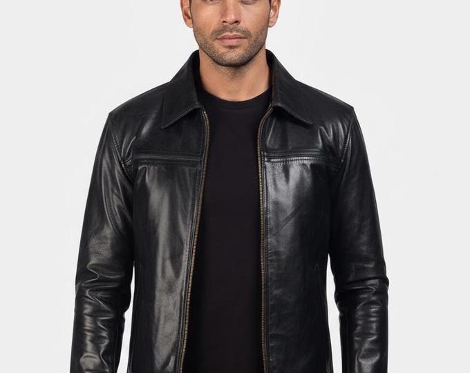 Men's Glossy Black Lambskin Leather Jacket – Zip Chest Pocket Trucker, Gift for Him