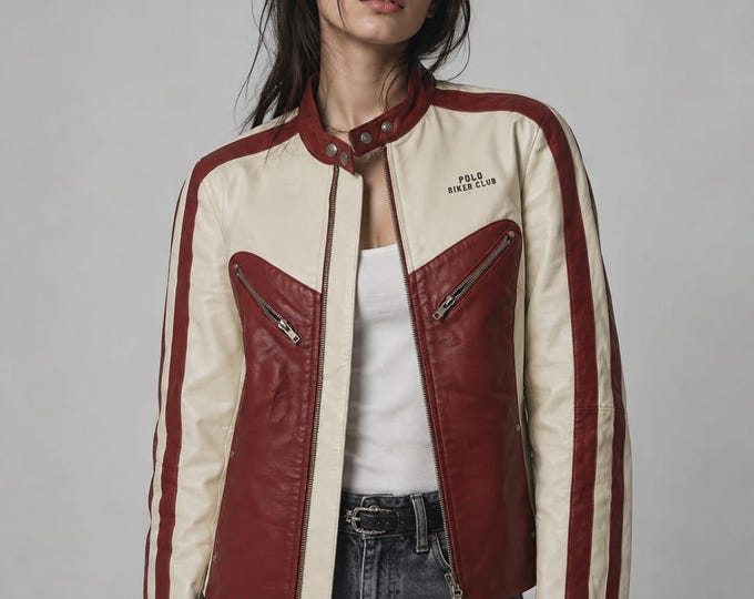 Women's Maroon Cream Leather Biker Jacket – Two Tone Colorblock Moto Coat, Gift for Her