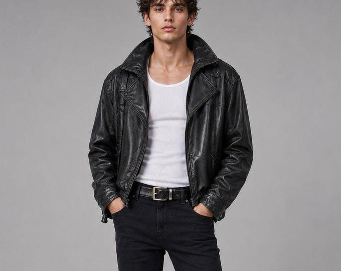 Men's Oversized Black Leather Biker Jacket – Vintage Wide Lapel Streetwear, Gift for Him