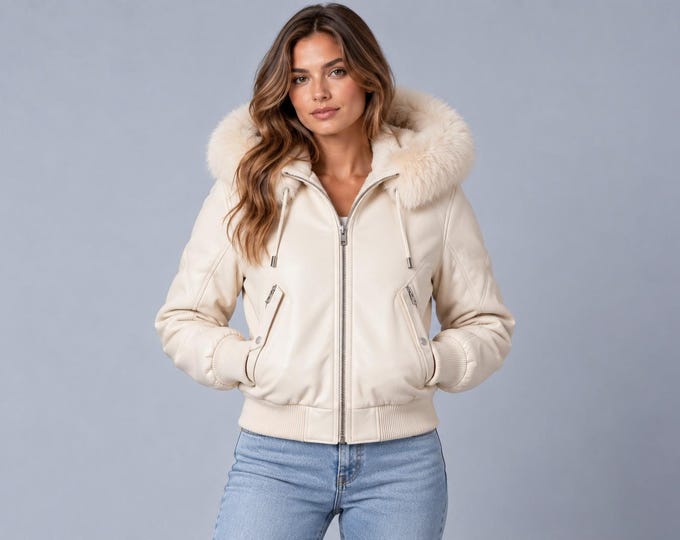 Women's Cream White Leather Bomber Jacket with Faux Fur Hood, Winter Coat