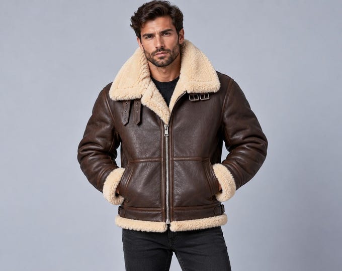 Men's Dark Brown Leather Aviator Jacket, B3 Faux Fur Collar Winter Coat