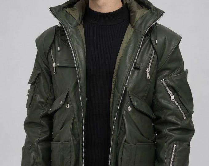 Men's Green Lambskin Leather Bomber Jacket – Slim Fit Genuine Handmade Hooded Coat