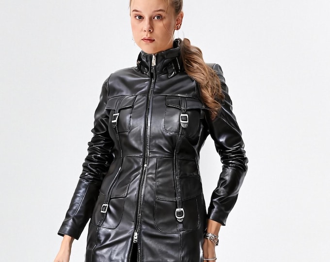 Women's 3/4 Length Lambskin Leather Coat – Long Zip Funnel Collar Jacket, Gift for Her