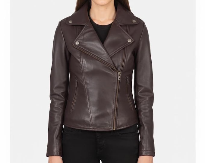 Women's Dark Maroon Lambskin Biker Jacket – Asymmetric Zip Moto Coat, Gift for Her
