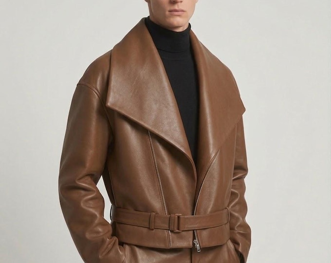 Men's Brown Leather Belted Wrap Jacket – Vintage Wide Lapel Coat, Handmade Gift for Him
