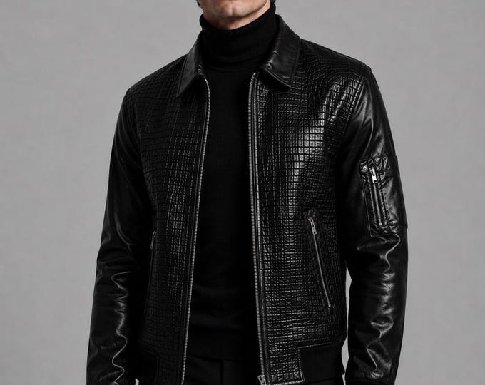 Men's Black Crocodile Embossed Leather Cafe Racer Jacket – Textured Moto Coat, Gift for Him