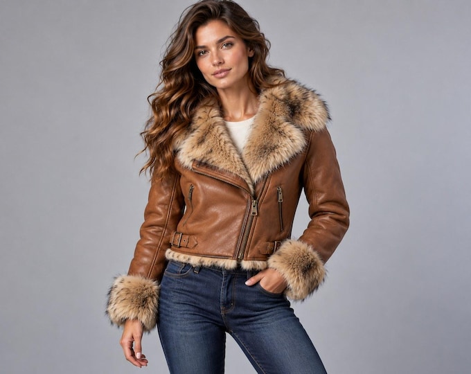Women's Tan Leather Aviator Jacket, Faux Fur Collar Cropped Winter Coat