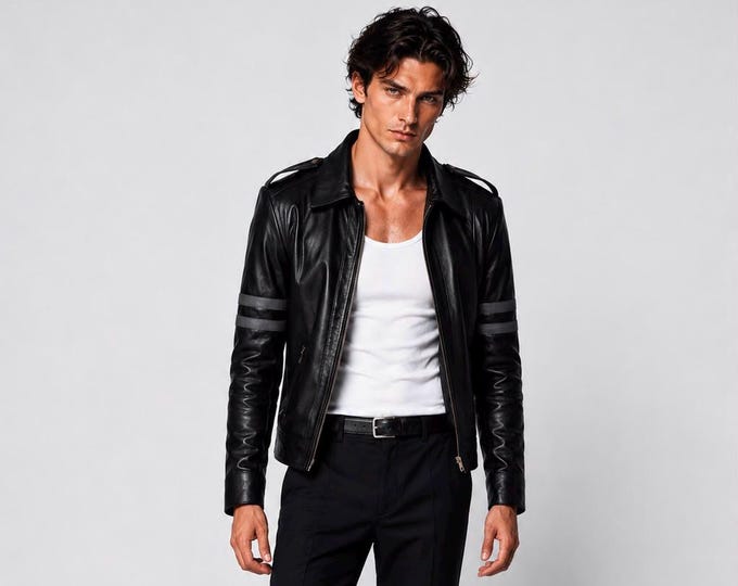 Men's Black Lambskin Racer Jacket – Ribbed Shoulder Panels Moto Coat, Gift for Him