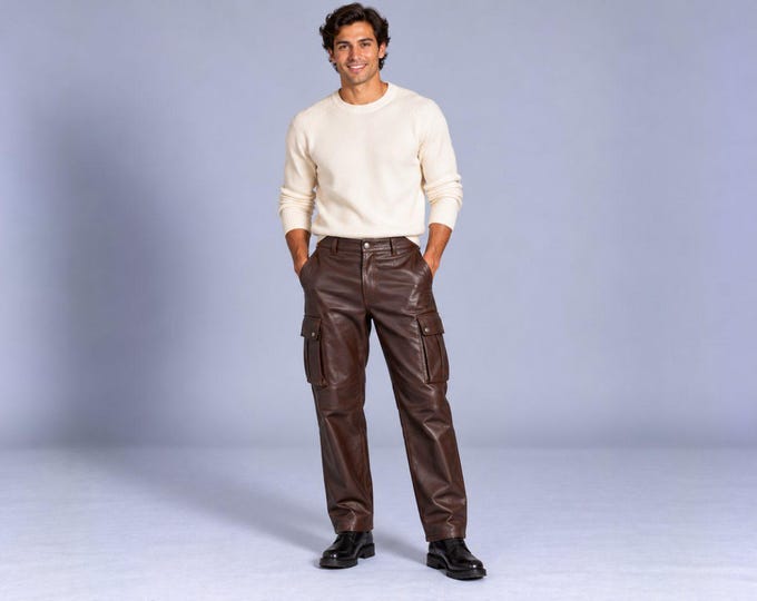 Men's Brown Leather Cargo Pants, Straight Leg Lambskin Trousers with Cargo Pockets