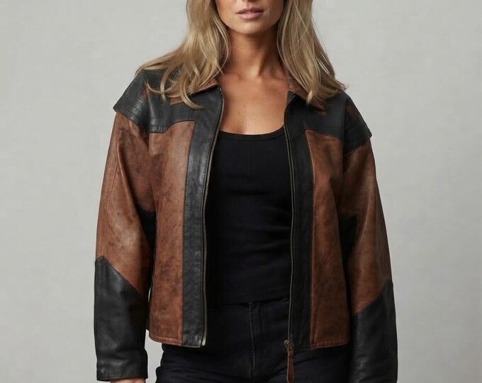Women's Brown Lambskin Leather Jacket – Vintage Two Tone Moto Coat, Gift for Her