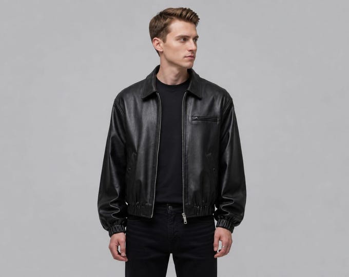 Men's Black Lambskin Relaxed Bomber Jacket – Spread Collar Glossy Coat, Gift for Him
