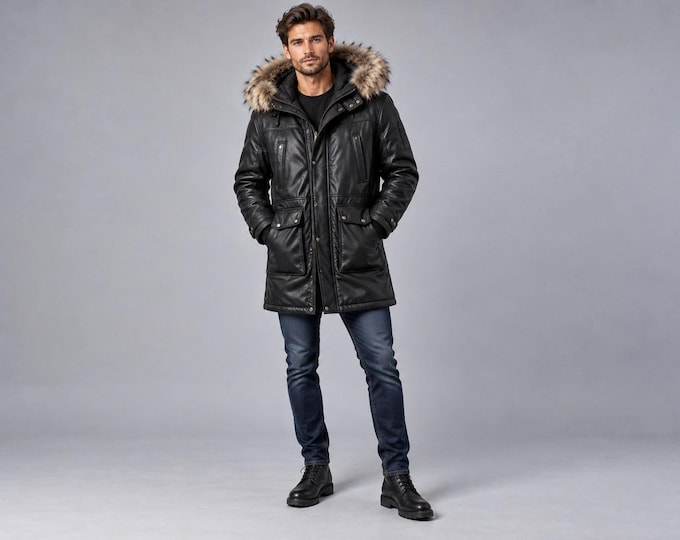 Men's Black Leather Parka with Faux Fur Hood, Long Winter Coat for Him