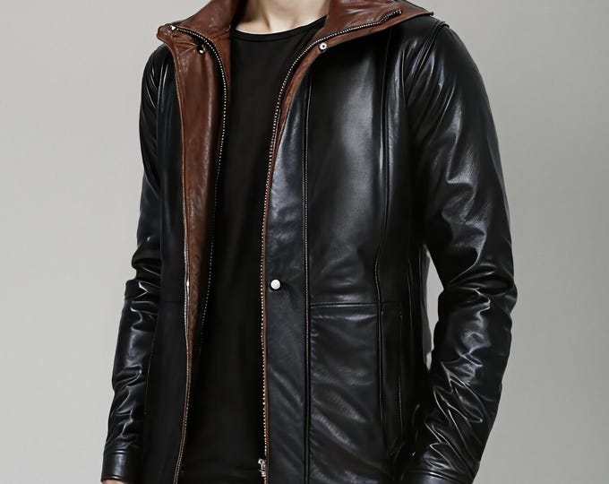 Men's Black Leather Jacket – Brown Collar Snap Placket Field Coat, Gift for Him