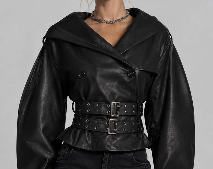 Women's Black Lambskin Leather Trench Jacket – Belted Utility Coat, Handmade Gift for Her