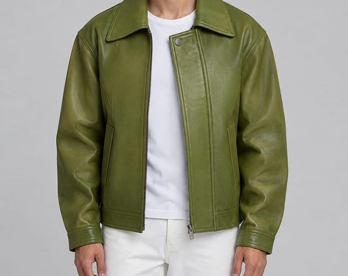 Men's Olive Leather Bomber Jacket – Wide Collar Vintage Flight Coat, Gift for Him