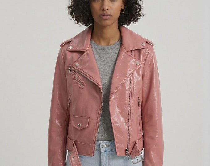 Women's Pink Lambskin Leather Biker Jacket – Slim Fit Casual Motorcycle Coat