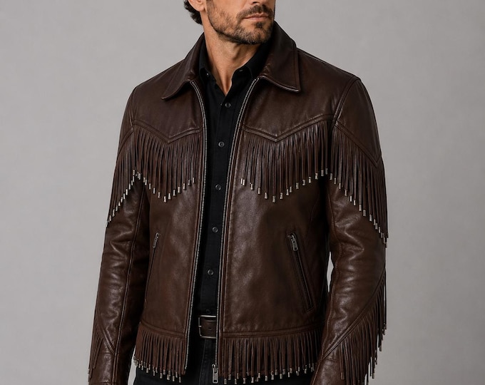 Men's Brown Leather Fringe Western Jacket – Cowboy Rodeo Coat, Handmade Gift for Him