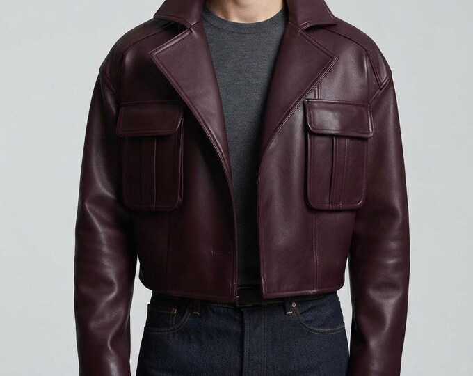 Men's Maroon Lambskin Leather Trucker Jacket – Burgundy Shirt Collar Coat, Gift for Him
