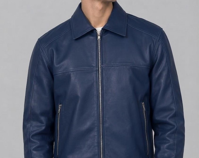 Men's Blue Lambskin Leather Bomber Jacket – Slim Fit Genuine Handmade Casual Coat