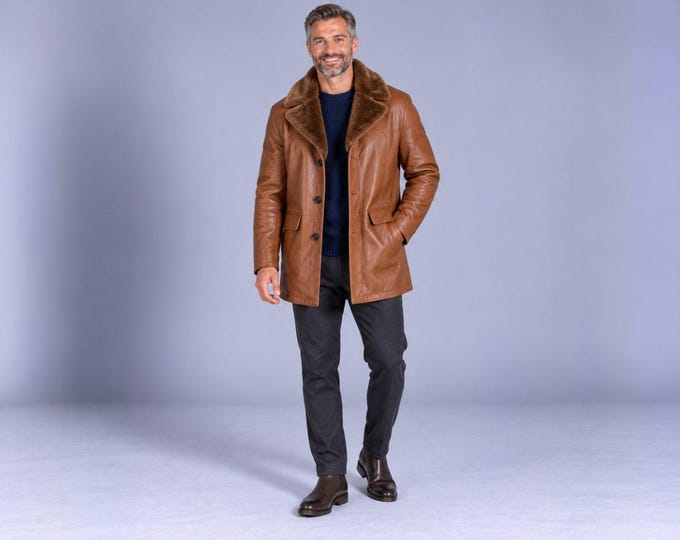 Men's Tan Leather Car Coat, Faux Fur Collar Lambskin Winter Coat, Mid Length Jacket