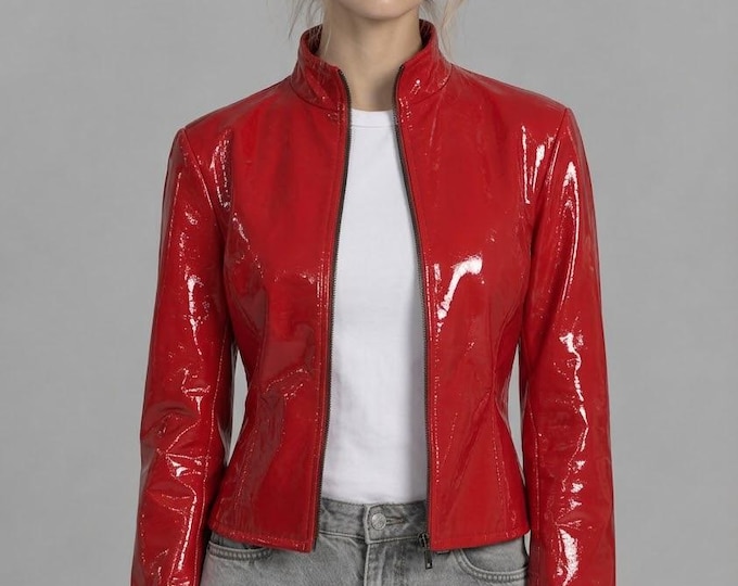 Women's Red Leather Cafe Racer Jacket – Glossy Stand Collar Moto Coat, Gift for Her