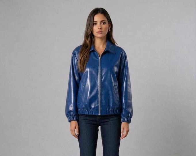 Women's Blue Lambskin Leather Bomber Jacket – Slim Fit Genuine Handmade Casual Coat
