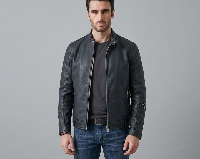 Men's Black Lambskin Leather Biker Jacket – Slim Fit Genuine Handmade Motorcycle Coat